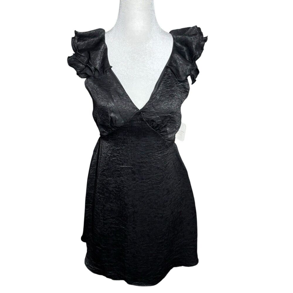 Altar’d State Crinkle Satin Black Flutter Sleeve Open Tie Back Babydoll Dress L